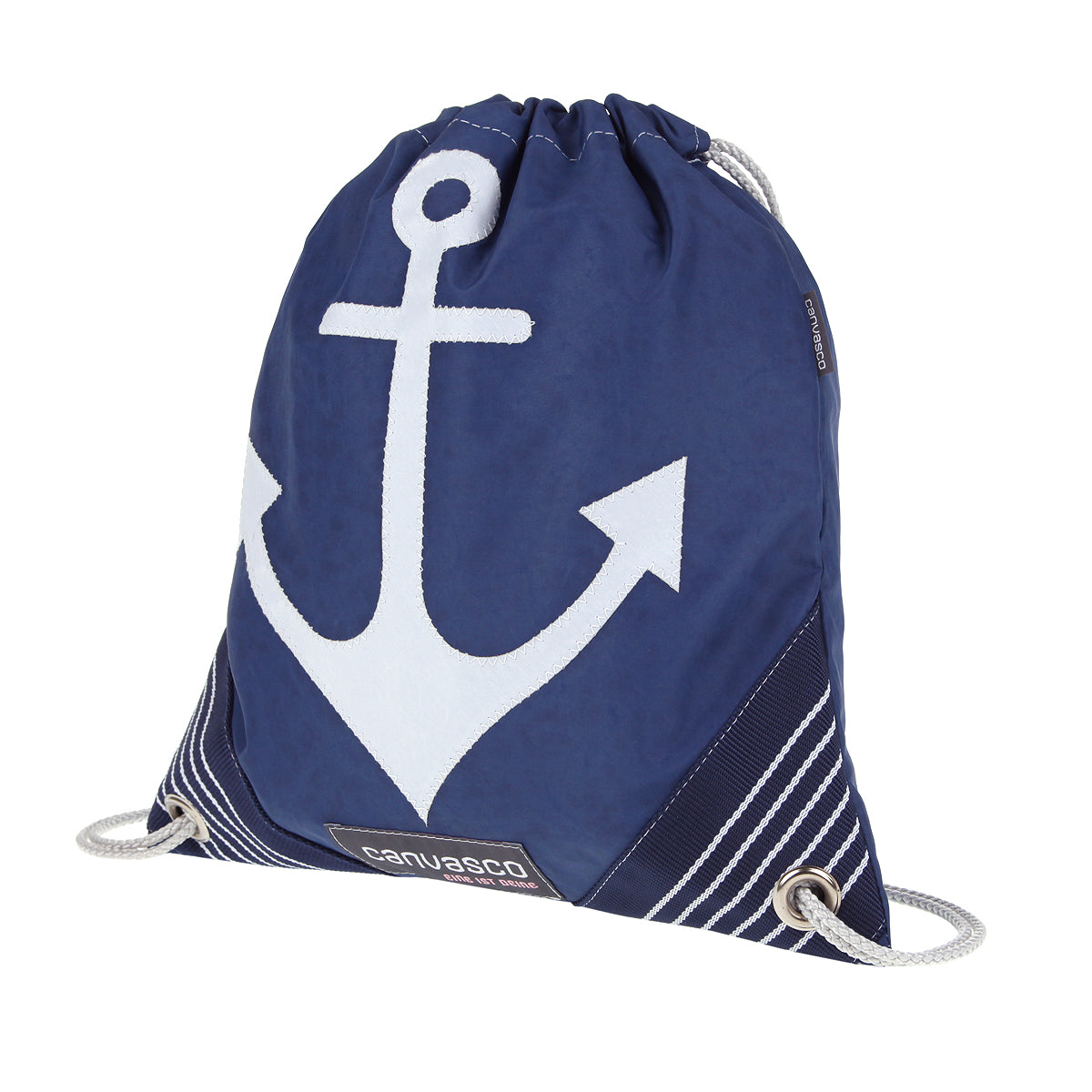 Turnbeutel CANVASCO "Jim Kids" / Segeltuch blau / Ecken blau-weiß / Motiv Anker weiß