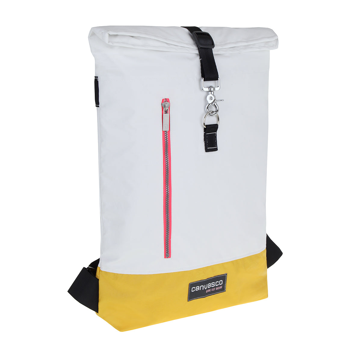 Rucksack CANVASCO "Wanda" / Segeltuch weiß / Reißverschluss pink / Boden gelb