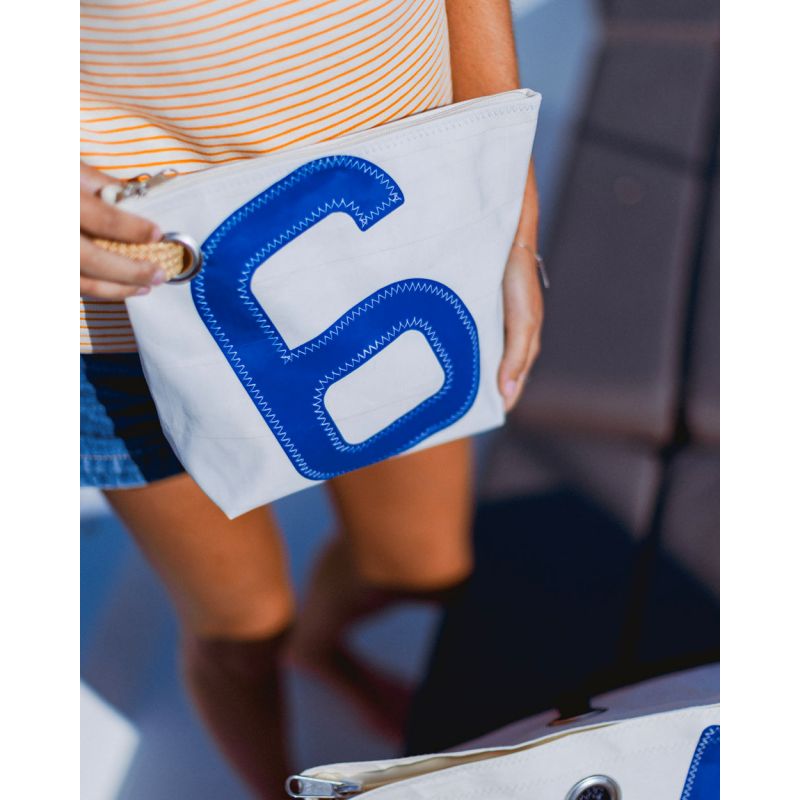 Kosmetiktasche "Die Midinette" by 727 Sailbags" / Segeltuch weiß / Motiv 6 blau