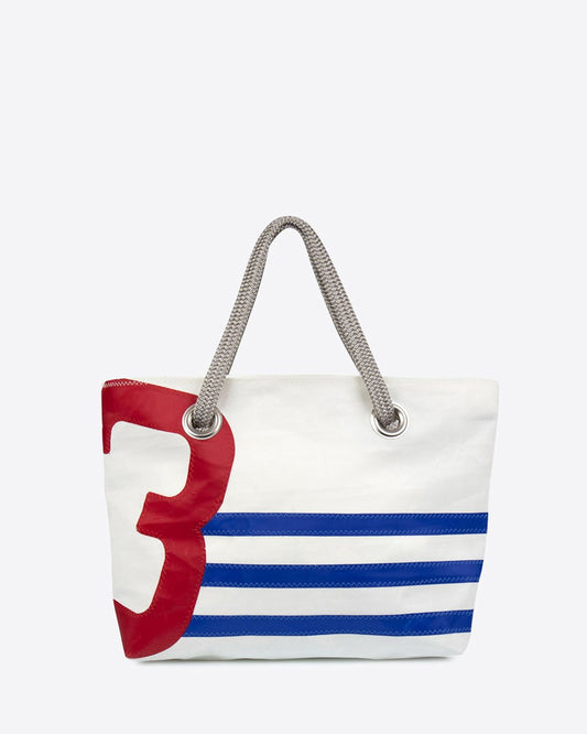 Damen Handtasche "Charlie" by 727 Sailbags / Segeltuch weiß blau / Motiv 3 rot