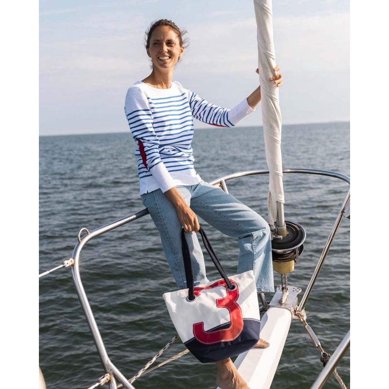 Damen Handtasche "Legende" by 727 Sailbags / Segeltuch weiß / Boden navy / Motiv 3 rot