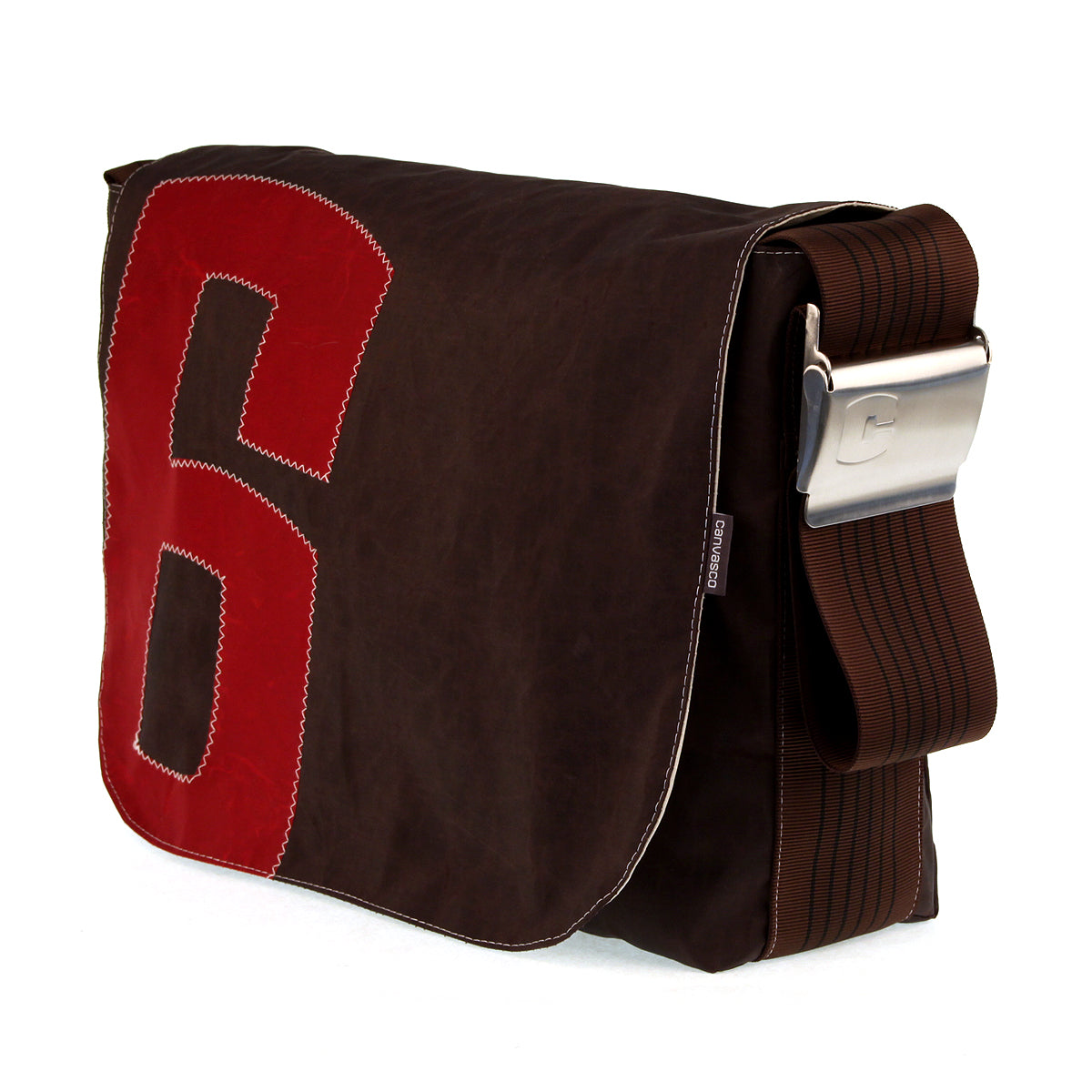 Umhängetasche CANVASCO "Urban" / Segeltuch schoko / Gurt braun-schwarz / Motiv 6 rot
