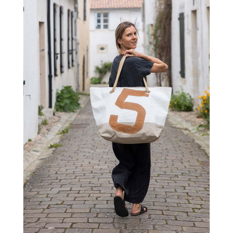 Damen Reisetasche "Carla" by 727 Sailbags / Segeltuch weiß / Boden Leder / Motiv 5 Leder