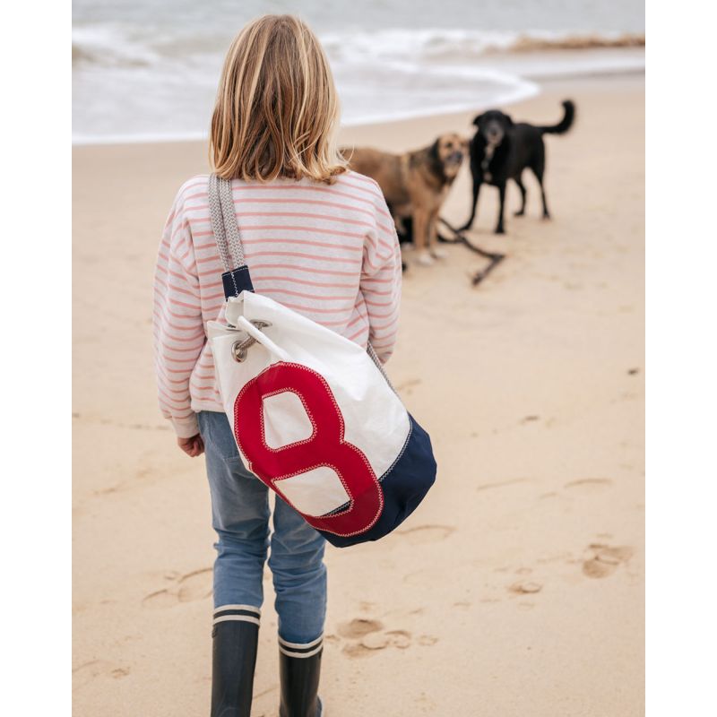 Seesack "Jack" by 727 Sailbags / Segeltuch weiß / Boden navy / Motiv Zahl 8 rot