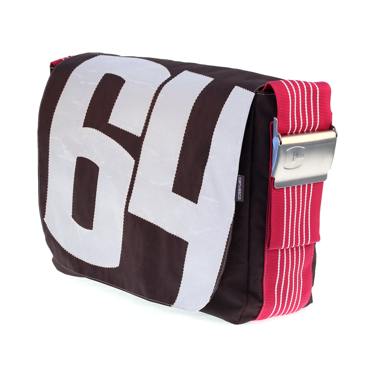 Umhängetasche CANVASCO "Urban" / Segeltuch schoko / Gurt himbeer-weiß / Motiv 64 weiß