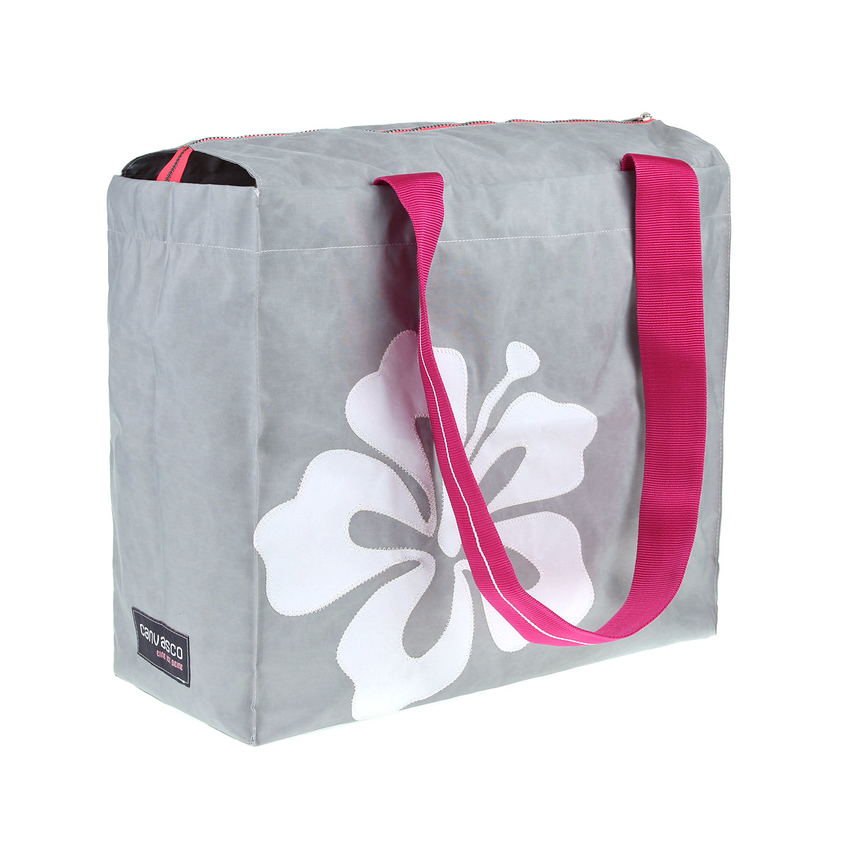 Strandtasche CANVASCO "Beach Pro" / Segeltuch grau / Gurt pink-weiß / Motiv Hibiskus weiß