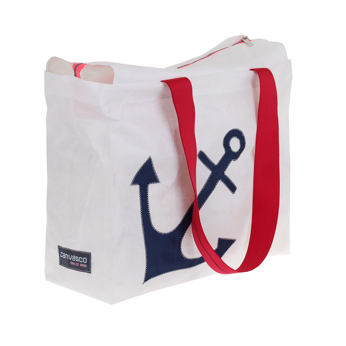 Strandtasche CANVASCO "Beach Pro" / Segeltuch weiß / Gurt rot-schwarz / Motiv Anker blau