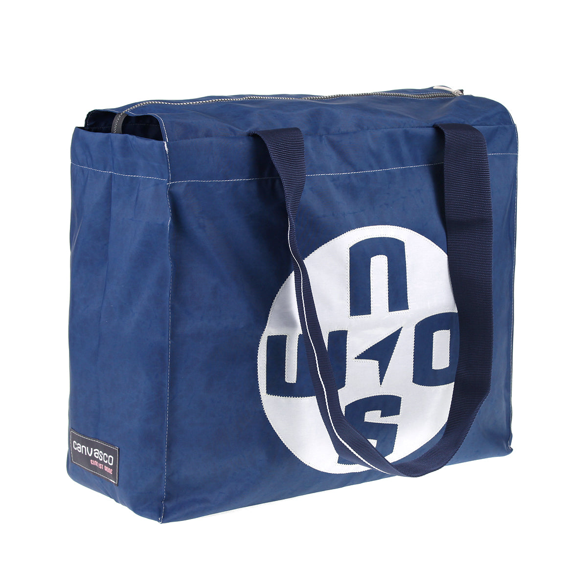 Strandtasche CANVASCO "Beach Pro" / Segeltuch blau / Gurt blau-weiß / Motiv Kompass weiß