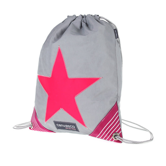Turnbeutel CANVASCO "Jim" / Segeltuch grau / Ecken pink-weiß / Motiv Stern pink