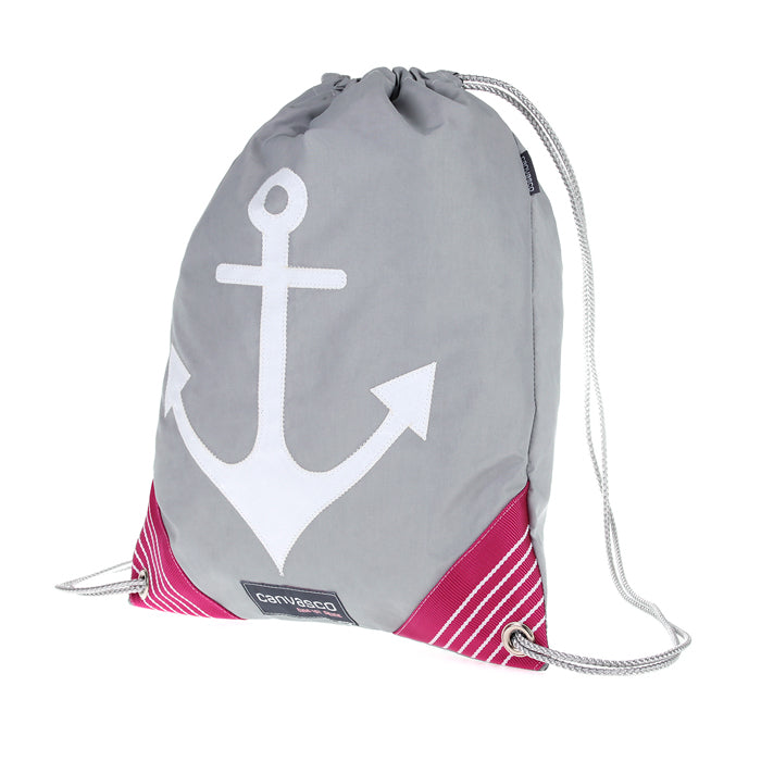 Turnbeutel CANVASCO "Jim" / Segeltuch grau / Ecken pink-weiß / Motiv Anker weiß