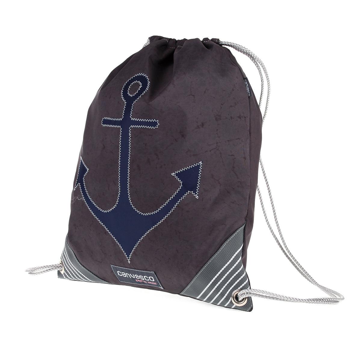 Turnbeutel CANVASCO "Jim" / Segeltuch braun / Ecken grau-weiß / Motiv Anker blau