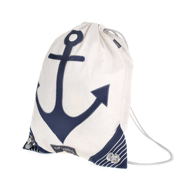 Turnbeutel CANVASCO "Jim" / Segeltuch weiß / Ecken blau-weiß / Motiv Anker blau