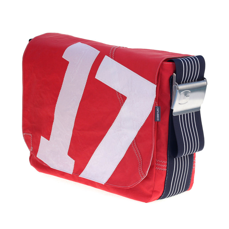 Umhängetasche CANVASCO "Urban" / Segeltuch rot / Gurt blau-weiß / Motiv 17 weiß