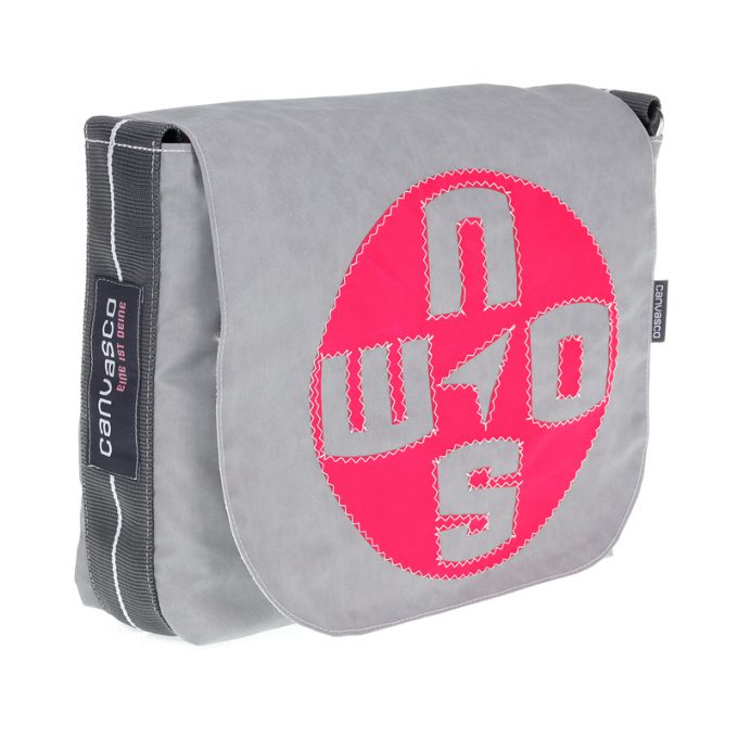 Umhängetasche CANVASCO "Mini" / Segeltuch grau / Gurt grau-weiß / Motiv Kompass pink