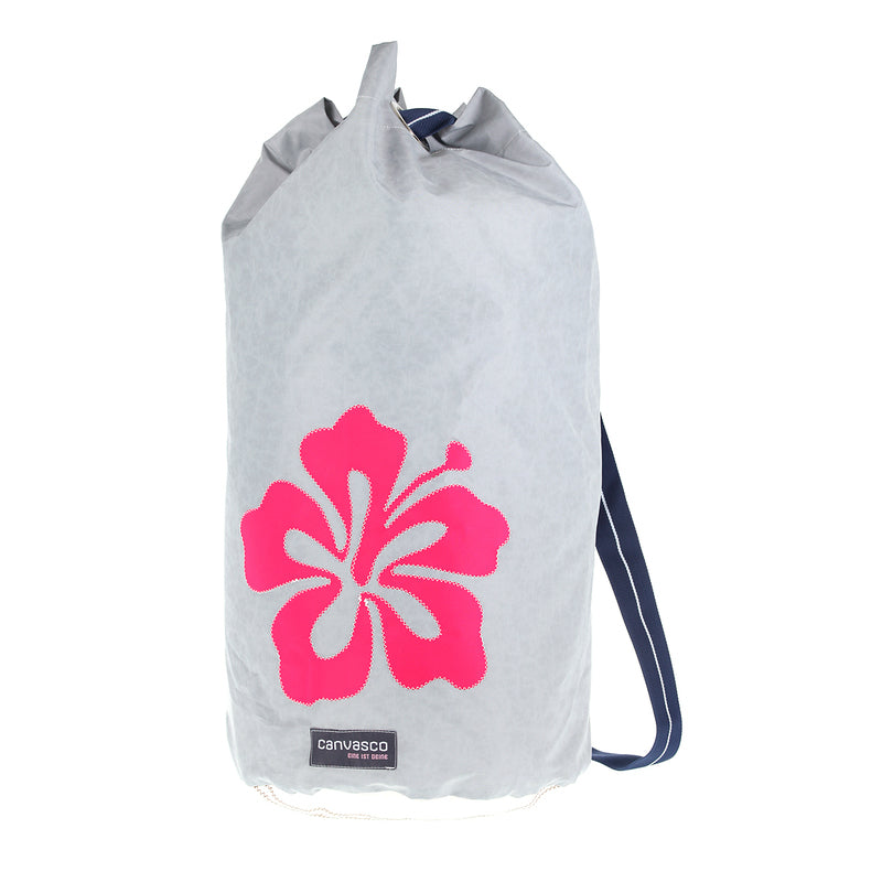Seesack CANVASCO "Seasick" / Segeltuch grau / Gurt blau-weiß / Motiv Hibiskus pink