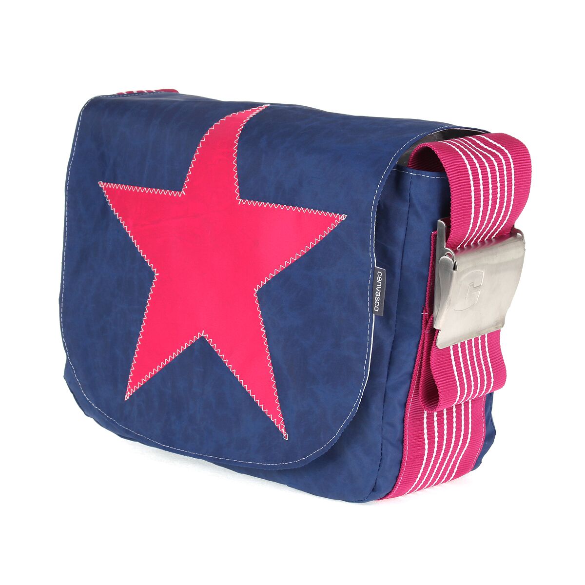 Umhängetasche CANVASCO "Urban" / Segeltuch blau / Gurt himbeer-weiß / Motiv Stern pink