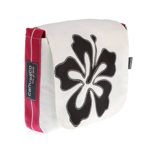 Umhängetasche CANVASCO "Mini" / Segeltuch weiß / Gurt pink-weiß / Motiv Hibiskus schwarz
