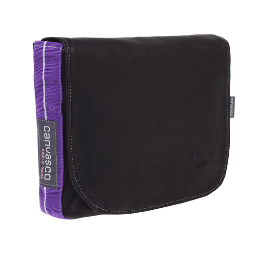 Ledertasche CANVASCO "Mini Deer" / Hirschleder schwarz / Gurt lila-weiß