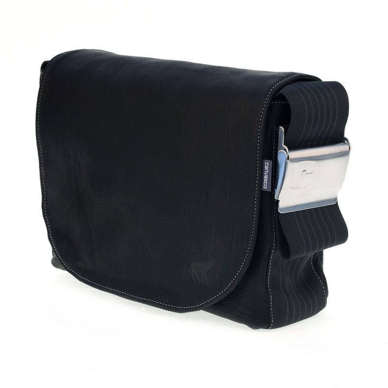 Ledertasche CANVASCO "Urban Deer" L / Hirschleder schwarz / Gurt schwarz-grau