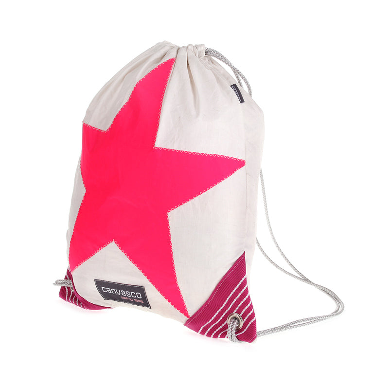 Turnbeutel CANVASCO "Jim" / Segeltuch weiß / Ecken pink-weiß / Motiv Stern pink