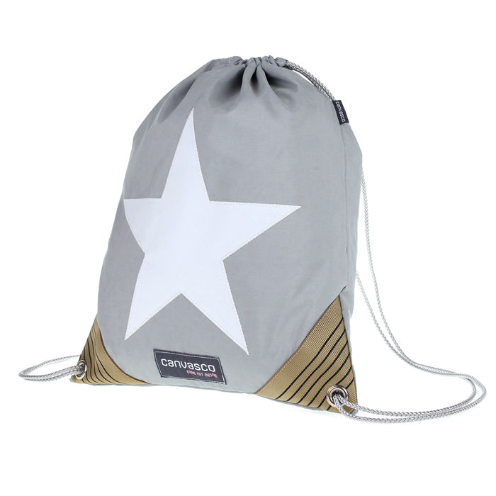 Turnbeutel CANVASCO "Jim" / Segeltuch grau / Ecken vintage-gold / Motiv Stern weiß