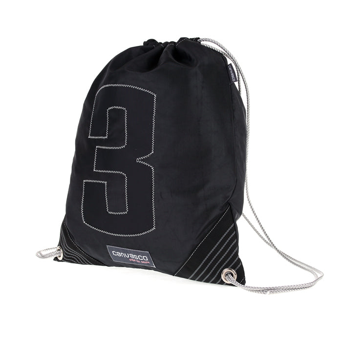 Turnbeutel CANVASCO "Jim" / Segeltuch schwarz / Ecken braun-grau / Motiv 3 braun