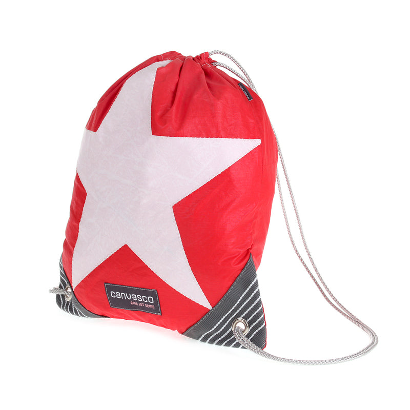 Turnbeutel CANVASCO "Jim" / Segeltuch rot / Ecken grau-weiß / Motiv Stern weiß