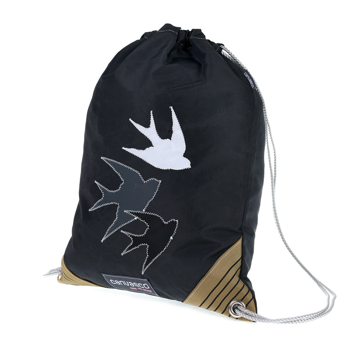 Turnbeutel CANVASCO "Jim" / Segeltuch schoko / Ecken vintage-gold / Motiv Vögel gemischt