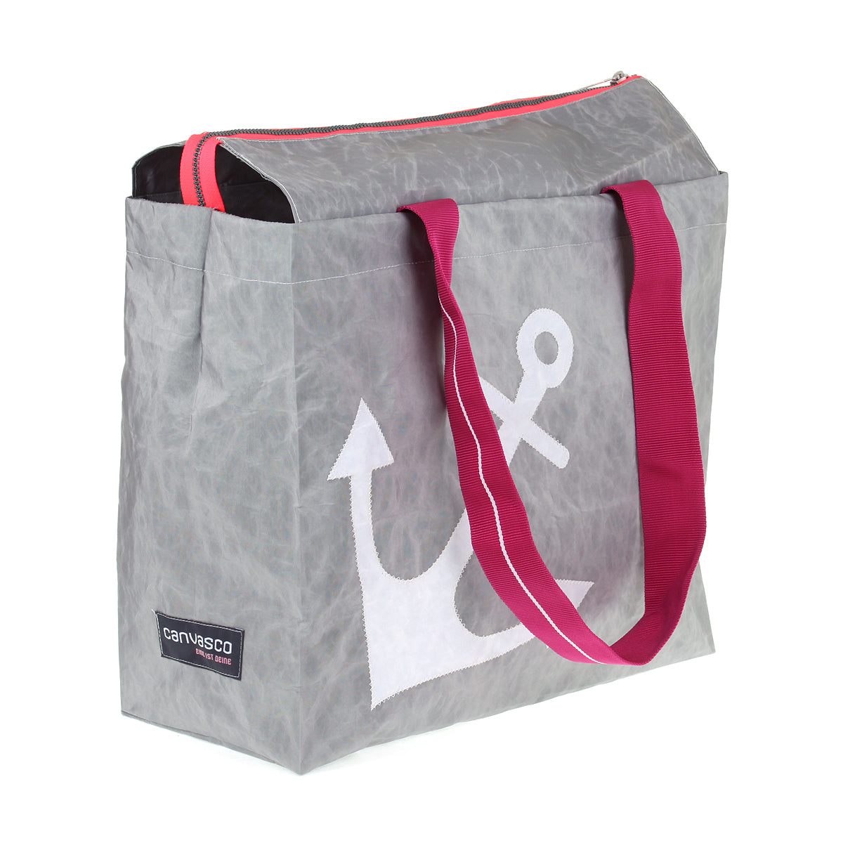 Strandtasche Badetasche CANVASCO "Beach Pro" / Segeltuch grau / Gurt himbeer-weiß / Motiv Anker weiß