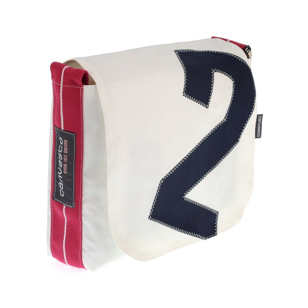 Umhängetasche CANVASCO "Mini" / Segeltuch weiß / Gurt pink-weiß / Motiv 2 blau