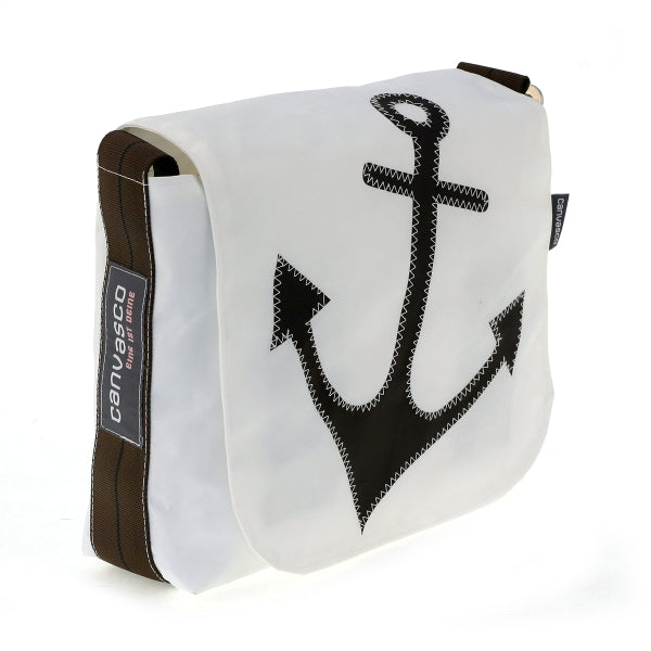 Umhängetasche CANVASCO "Mini" / Segeltuch weiß / Gurt braun-schwarz / Motiv Anker schwarz