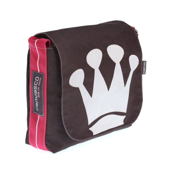 Umhängetasche CANVASCO "Mini" / Segeltuch schoko / Gurt pink-weiß / Motiv Krone weiß