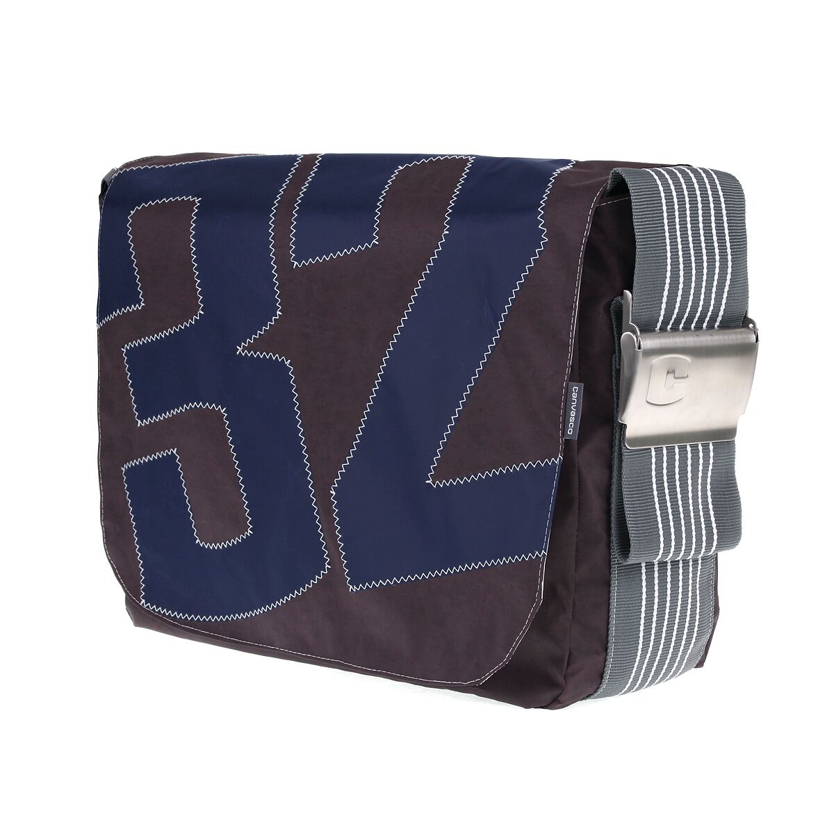 Umhängetasche CANVASCO "Urban" / Segeltuch schoko / Gurt grau-weiß / Motiv 32 blau