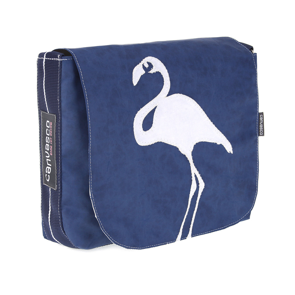 Umhängetasche CANVASCO "Mini" / Segeltuch blau / Gurt blau-weiß / Motiv Flamingo weiß
