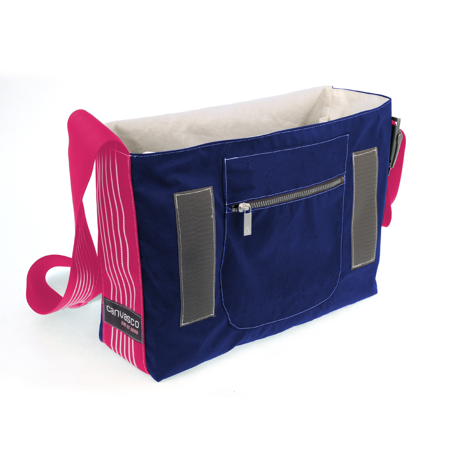 Umhängetasche CANVASCO "Urban" / Segeltuch blau / Gurt himbeer-weiß / Motiv Stern pink
