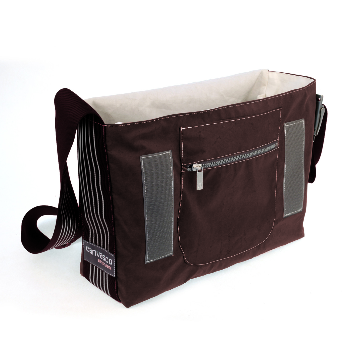 Umhängetasche CANVASCO "Urban" / Segeltuch schoko / Gurt braun-schwarz / Motiv 6 rot