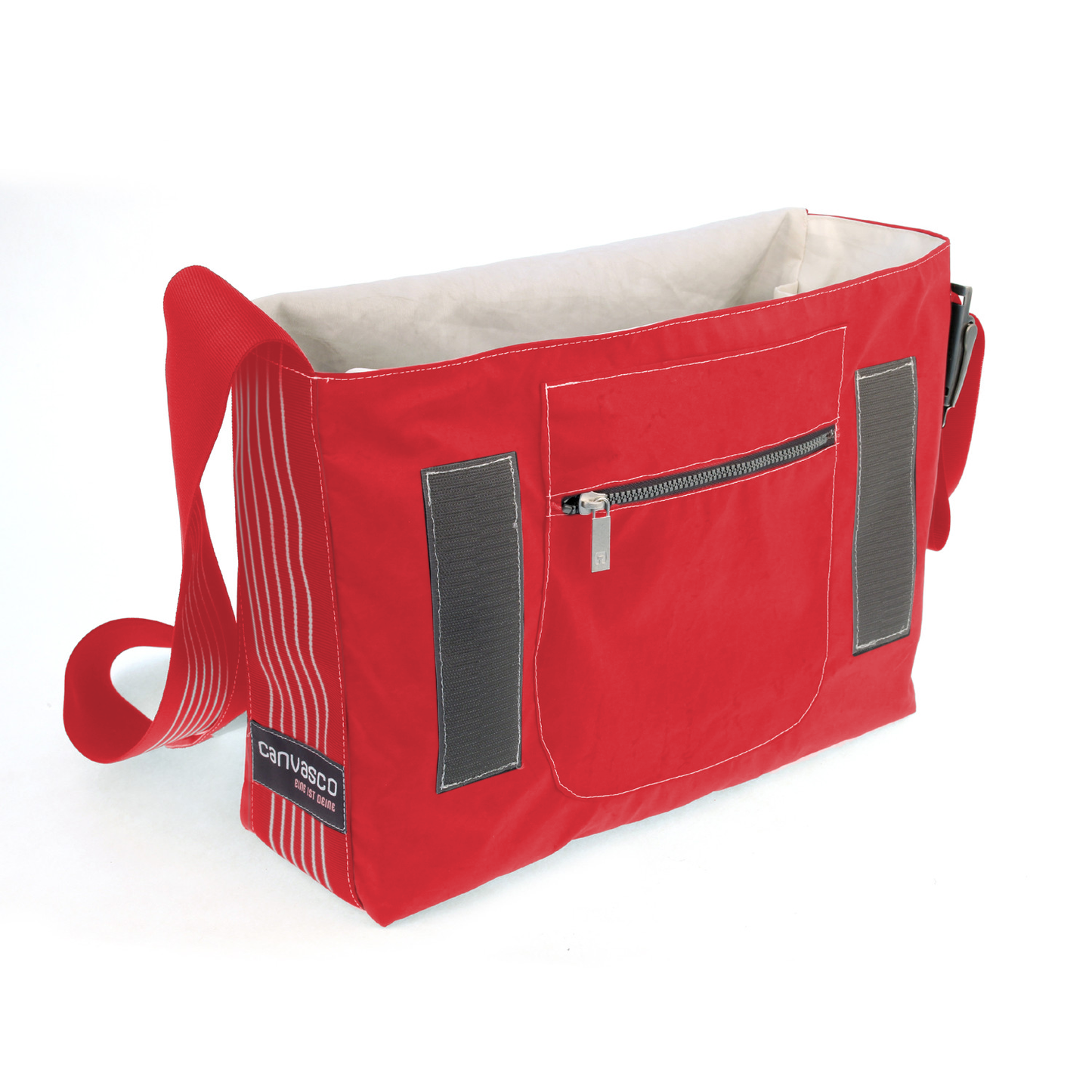 Umhängetasche CANVASCO "Urban" / Segeltuch rot / Gurt rot-weiß / Motiv 69 weiß