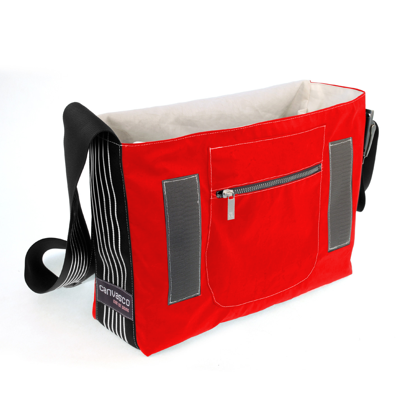 Umhängetasche CANVASCO "Urban" / Segeltuch rot / Gurt schwarz-weiß / Motiv 3 schwarz