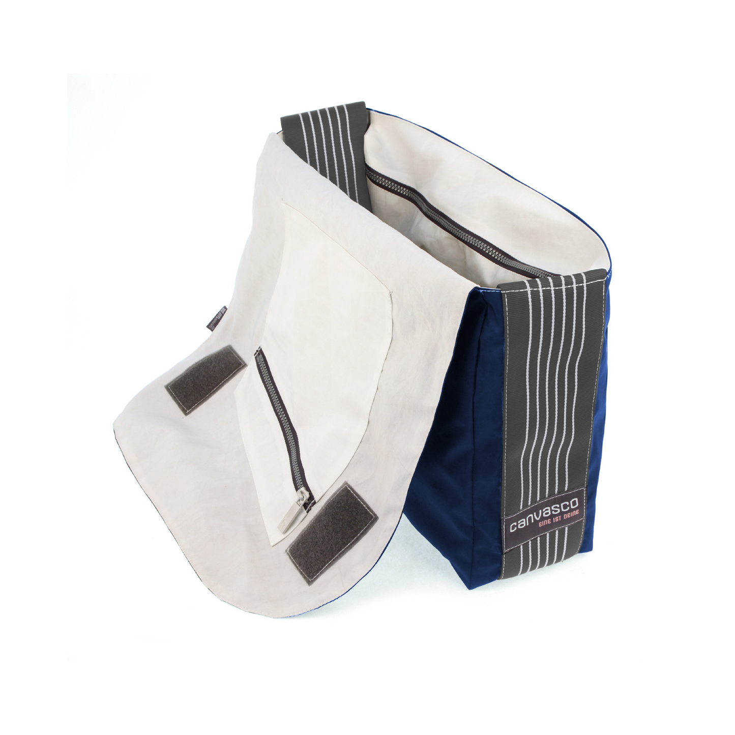 Umhängetasche CANVASCO "Urban" / Segeltuch blau / Gurt grau-weiß / Motiv Hibiskus weiß