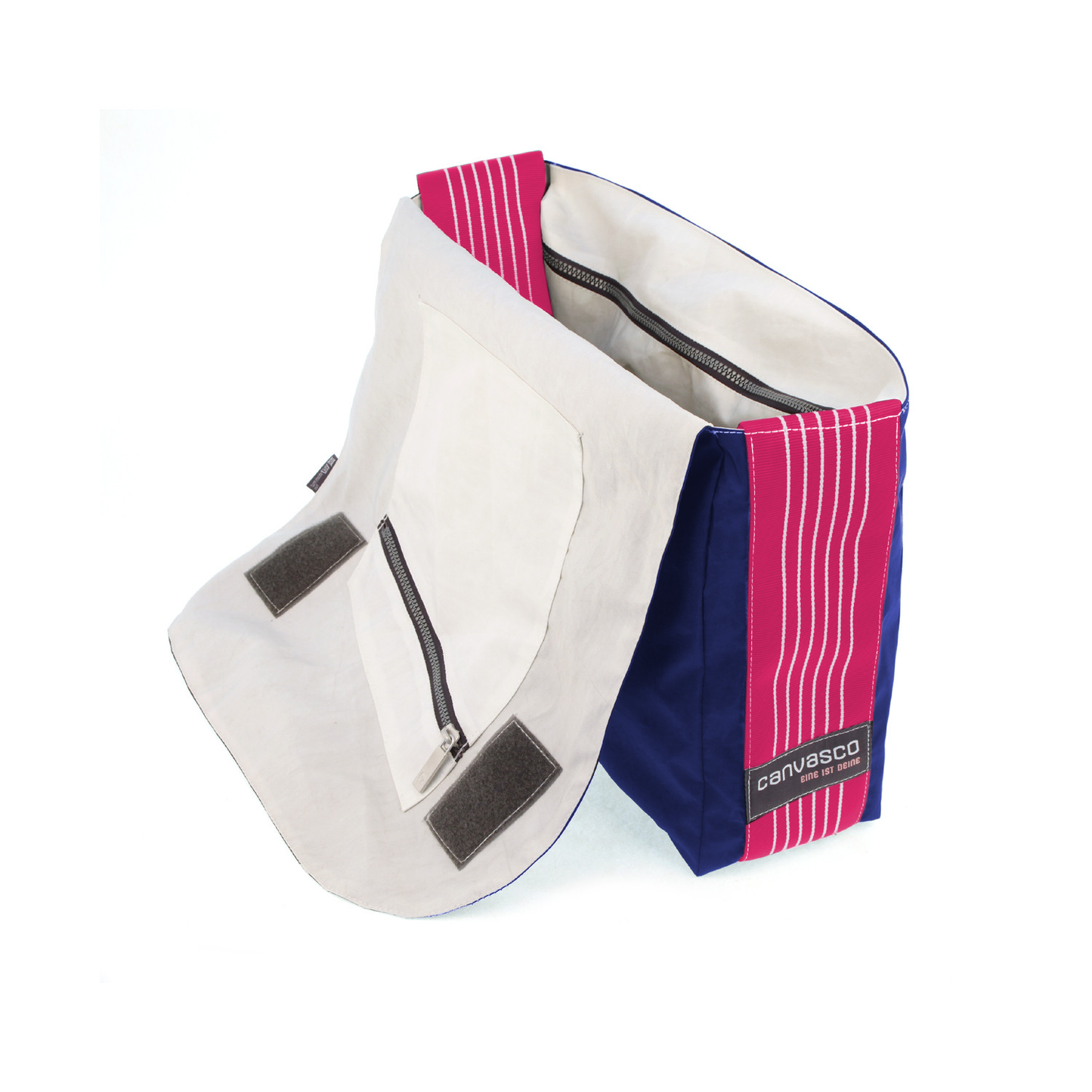Umhängetasche CANVASCO "Urban" / Segeltuch blau / Gurt himbeer-weiß / Motiv Stern pink