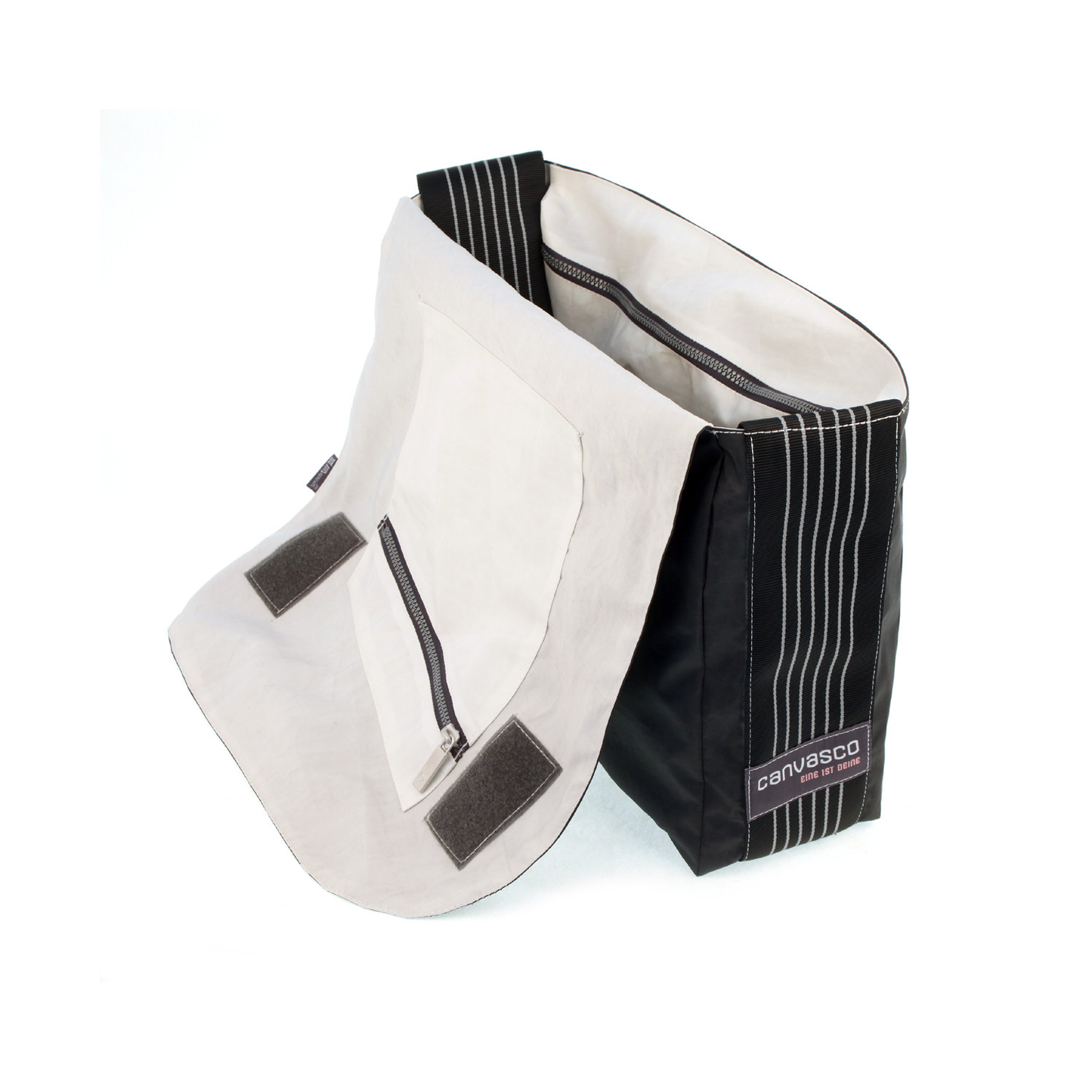 Umhängetasche CANVASCO "Urban" / Segeltuch schwarz / Gurt schwarz-weiß / Motiv 3 rot