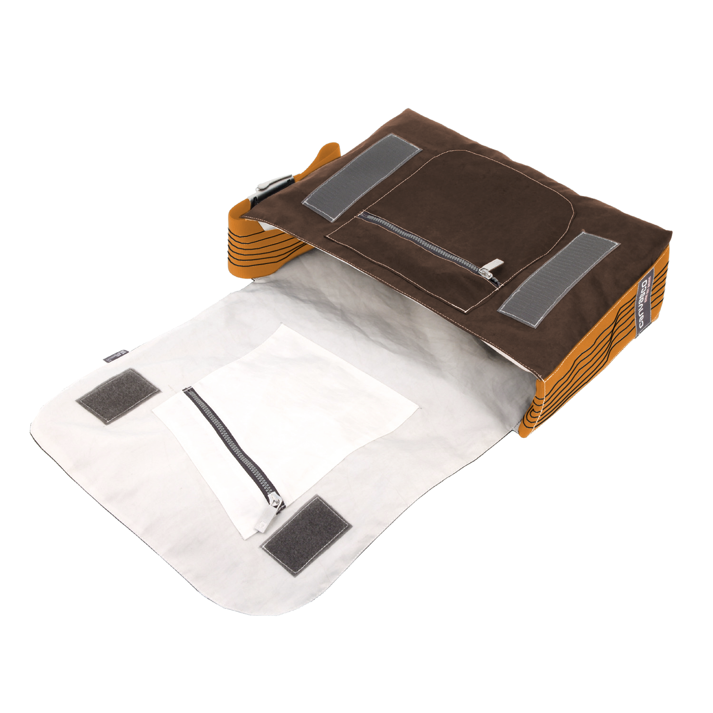 Umhängetasche CANVASCO "Urban" / Segeltuch schoko / Gurt vintage-gold / Motiv 30 weiß