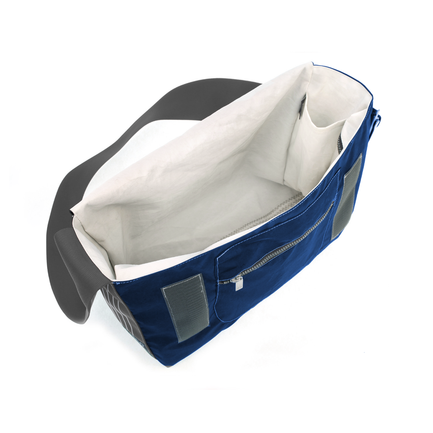 Umhängetasche CANVASCO "Urban" / Segeltuch blau / Gurt grau-weiß / Motiv Hibiskus weiß