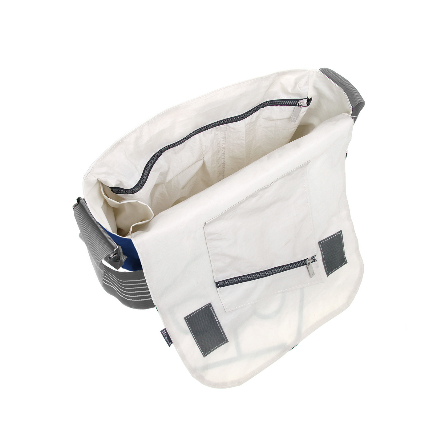 Umhängetasche CANVASCO "Urban" / Segeltuch blau / Gurt grau-weiß / Motiv Hibiskus weiß