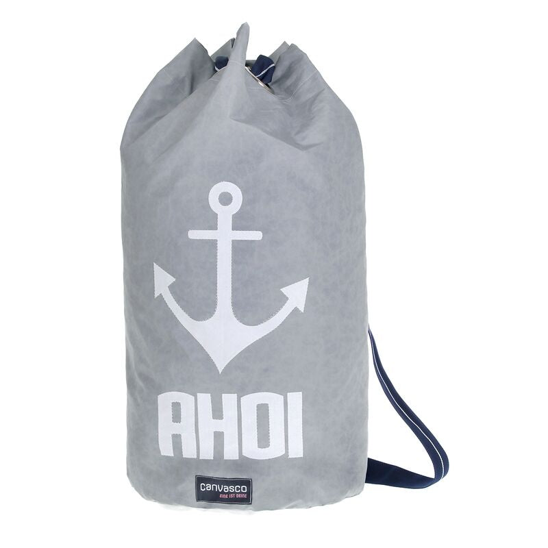 Seesack CANVASCO "Seasick" / Segeltuch grau / Gurt blau-weiß / Motiv Anker Ahoi weiß