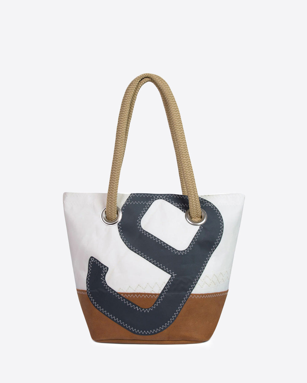 Damen Handtasche "Legende" by 727 Sailbags / Segeltuch weiß / Boden Leder / Motiv 9 schwarz
