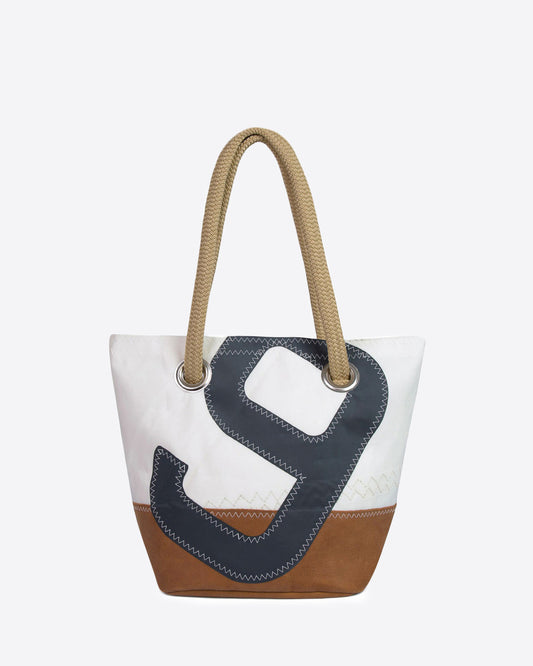 Damen Handtasche "Legende" by 727 Sailbags / Segeltuch weiß / Boden Leder / Motiv 9 schwarz