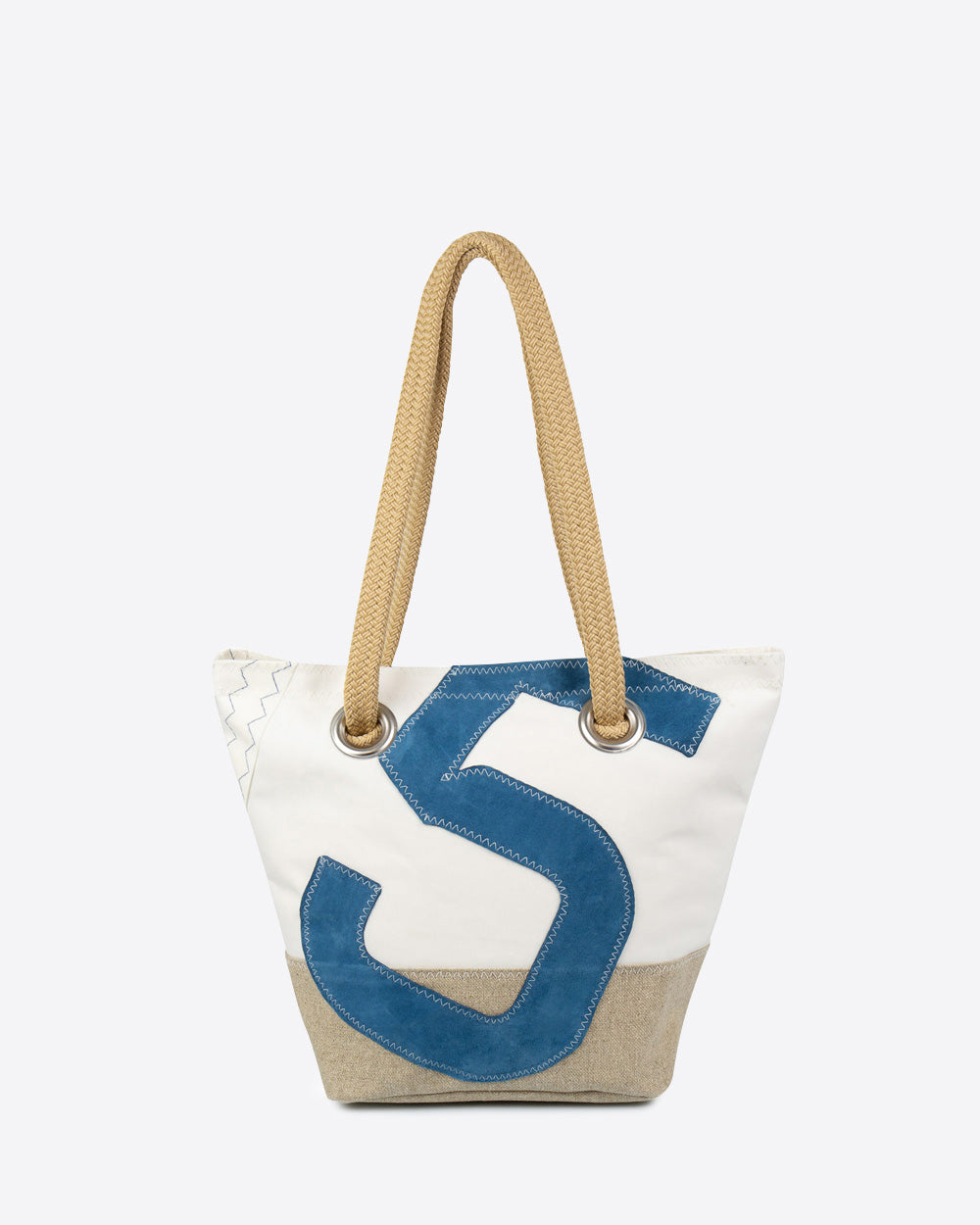 Damen Handtasche "Legende" by 727 Sailbags / Segeltuch weiß / Boden Leinen / Motiv 5 blau