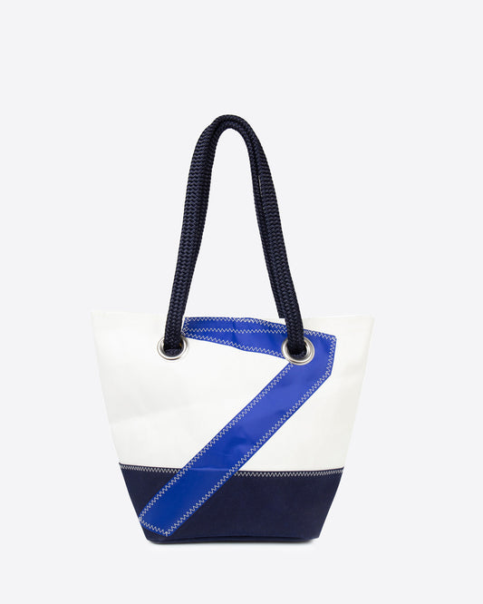 Damen Handtasche "Legende" by 727 Sailbags / Segeltuch weiß / Boden navy / Motiv 7 blau