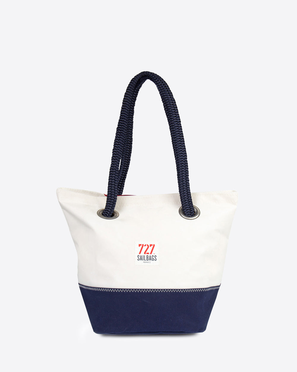 Damen Handtasche "Legende" by 727 Sailbags / Segeltuch weiß / Boden navy / Motiv 2 rot